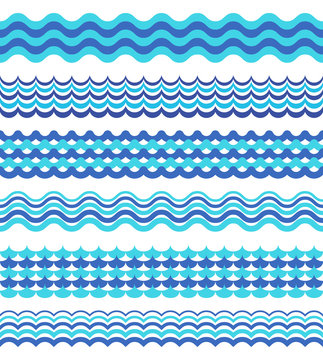 Set of sea waves borders isolated on white