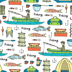 Vector seamless pattern with hand drawn colored symbols of fishing