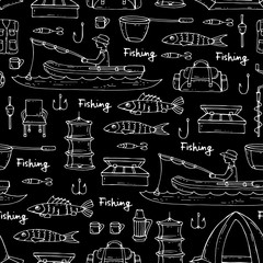 Vector seamless pattern with hand drawn isolated symbols of fishing on black color