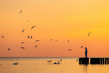 silhouette of a man standing on a breakwater against the sky at sunrise