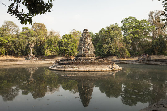 Neak Pean prasat ("The entwined serpents") is the center of the artificial island . Angkor. Siem Reap. Cambodia.