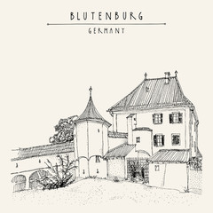 Blutenburg castle near Munich, Bavaria, Germany, Europe. Travel sketch. Book illustration. Vintage hand drawn touristic poster or postcard template