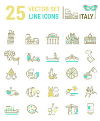 Fototapeta na wymiar A set of graphical linear and flat icons with symbols of Italy.