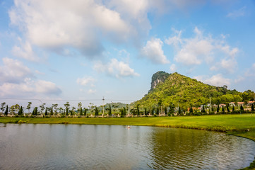 summer landscape with lake, Mountain and blue sky in Silver lake Vineyard Farm, Pattaya Thailand