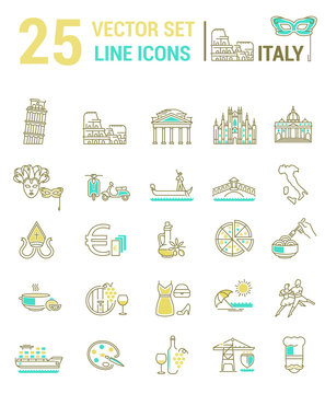 A set of graphical linear and flat icons with symbols of Italy.