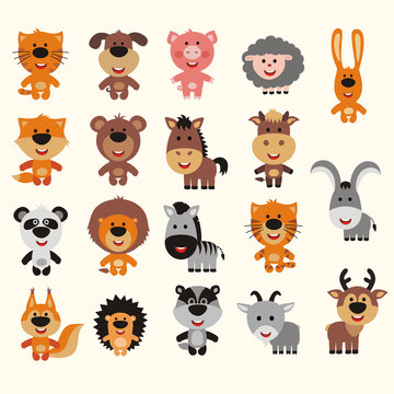Big vector set animals. Collection of isolated animals in cartoon style. Smiling animals: forest, asia, africa, farm, domestic