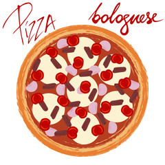 Pizza bolognese image on white background with handwritten caption. Vector illustration  eps 10