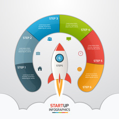 6 steps startup circle infographic template with rocket. Business concept. Vector illustration.
