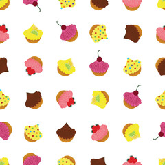 Cute seamless background pattern. Festive party cupcakes with different toppings and decorative elements on the white fond. Vector illustration eps 10