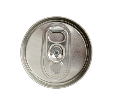 Top view of beverage can with silver ring pull isolated on white