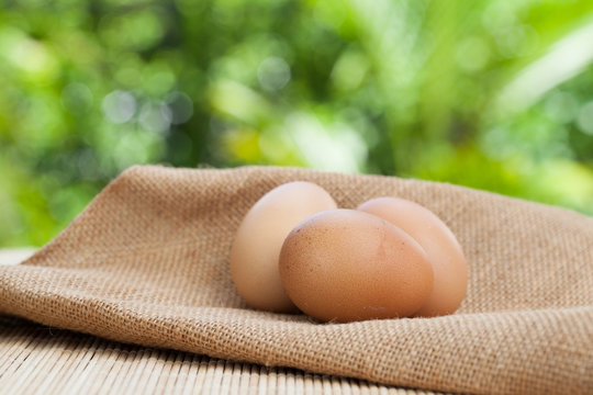 Egg on sackcloth and wooden, natural background