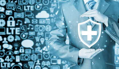 Health protection and insurance. Medical healthcare. Business in health safety. Icons background. Communication.