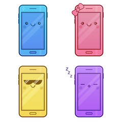 Cute Smartphone Characters. Set of Kawaii cheerful mobiles. Happy cartoon phones with funny faces. Online apps. Modern digital vector illustration. Colorful web icons.