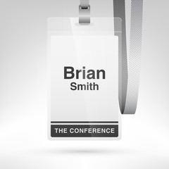 Conference badge with name tag placeholder. Blank badge template in plastic holder with lanyard. Vector illustration.