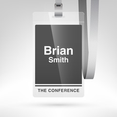 Conference badge with name tag placeholder. Blank badge template in plastic holder with lanyard. Vector illustration.