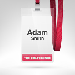 Conference badge with name tag placeholder. Blank badge template in plastic holder with lanyard. Vector illustration.
