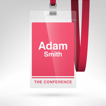 Conference Badge With Name Tag Placeholder. Blank Badge Template In Plastic Holder With Lanyard. Vector Illustration.