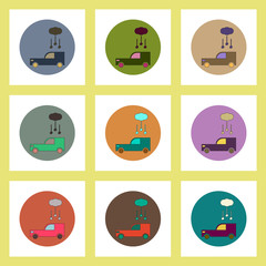 flat icons set of hail falling on car concept on colorful circles