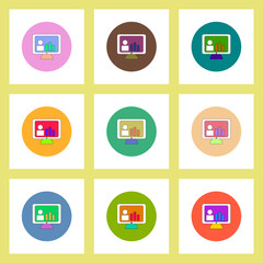 flat icons set of column chart on monitor concept on colorful circles