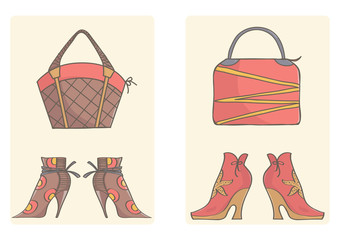 Footwear and handbags for women, vector collection. Brown and pink bags and boots on simple background.