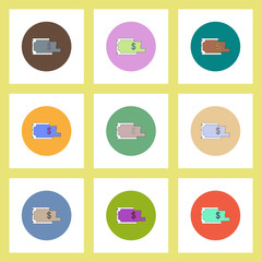flat icons set of torn dollar bill concept on colorful circles