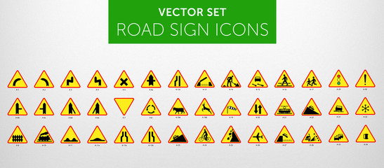 ROAD SIGNS | Znaki Drogowe Ostrzegawcze - vector icon PACK vol.1 - obrazy, fototapety, plakaty