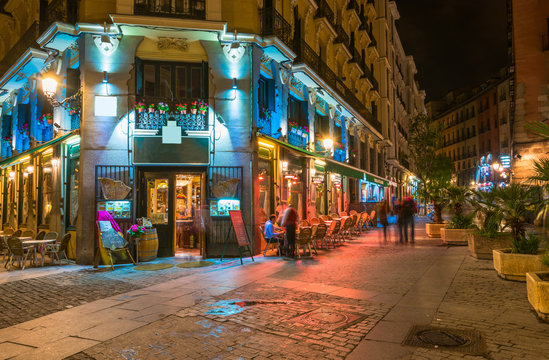 Night view of old street in Madrid. Spain