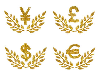 Set with Japanese Yen, British Pound, Dollar and Euro signs, twigs with leaves of golden glitter on white background. Concept of prosperity