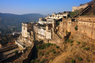 Fototapeta na wymiar Taragarh fort in Bundi city, one of the biggest indian castles, typical medieval fortress and palace, sample of defensive architecture in Rajasthan, India