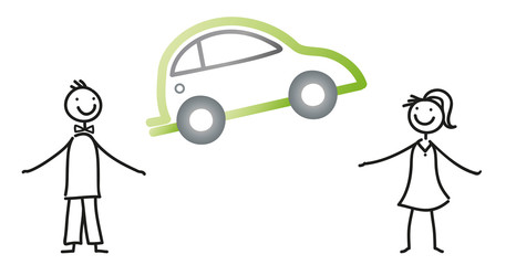 Carsharing - ein Auto gemeinsam nutzen und die Umwelt und das Klima schonen, Automobil - Mann und Frau halten ein Auto - moderne Mobilität, e-mobility,