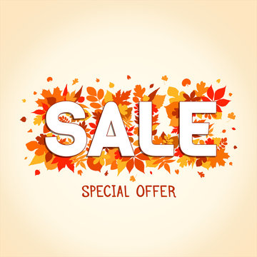 Sales banner. Autumn discount. Vector banner with colorful leaves.