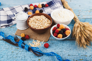 Fototapeta na wymiar Portion of oatmeal in the bowl with berries