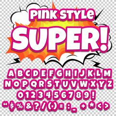 Creative high detail comic font. Alphabet in style of comics, pop art. Letters and figures for decoration of kids