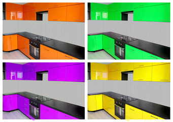  Kitchen furniture in orange, green, purple and yellow. collage. 