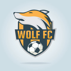 Football logo design with wolf graphic , soccer  shield , vector