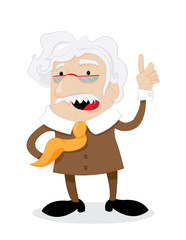 a vector cartoon representing a funny professor in a brown suit, talking and teaching us something important