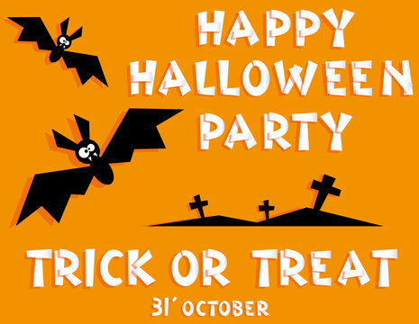 Holiday background. Title Happy Halloween party Trick or Treat from pieces paper and monster bats, crosses. Concept for design banner, flyer, poster. Vector illustration in flat style or baby applique