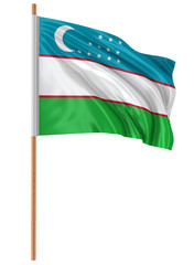 3D Uzbek flag with fabric surface texture. White background.