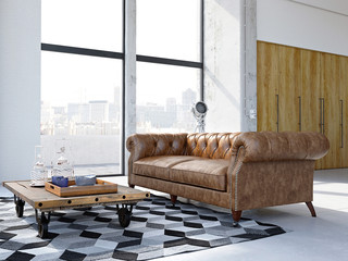 loft apartment in the city with vintage sofa. 3d rendering