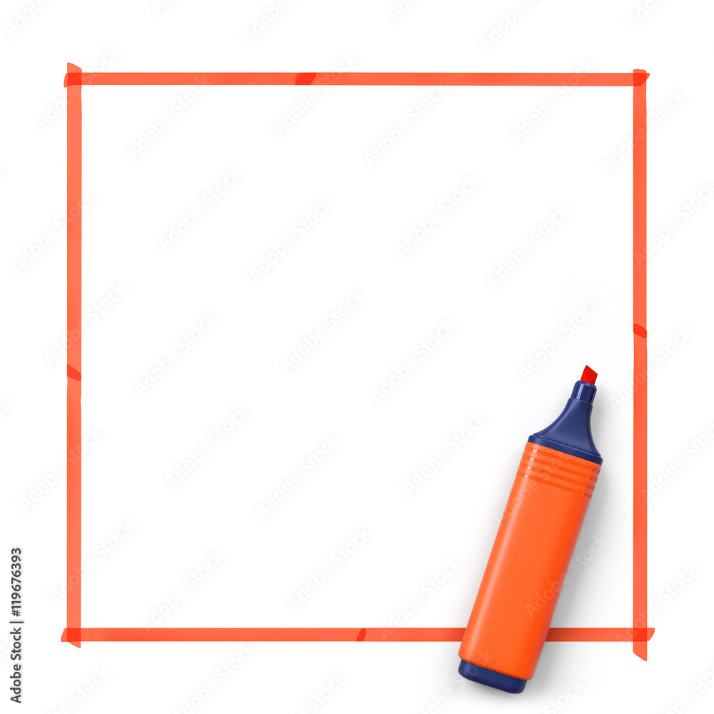 Fototapete highlighter with hand drawn frame.orange.3d rendering.top view.