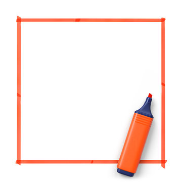 Highlighter with hand drawn frame.Orange.3D rendering.Top view.