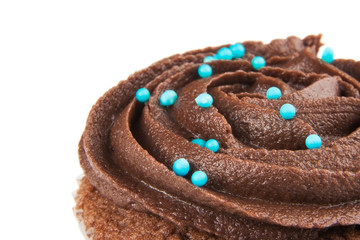 Chocolate cup cake isolated on white background.