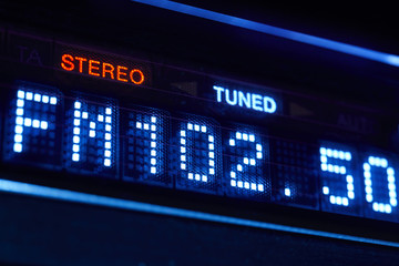 FM tuner radio display. Stereo digital frequency station tuned