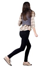 back view of running brunette girl. girl walking on the motion move. Rear view people collection.  backside view of person. Isolated over white background.