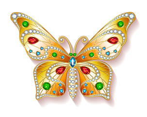 Fototapeta na wymiar Jewelry gold butterfly in gems. Beautiful decoration. Isolated o