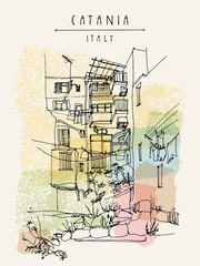 Catania, Sicily, Italy. Illustration of a backyard with windows,