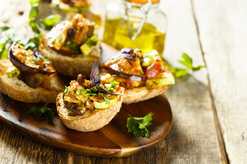 Homemade bruschettas with mushrooms and vegetables
