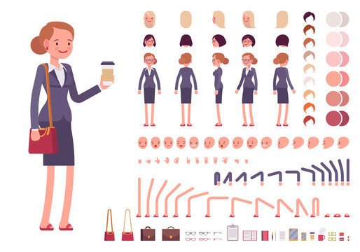 Businesswoman character creation set. Build your own design. Cartoon vector flat-style infographic illustration