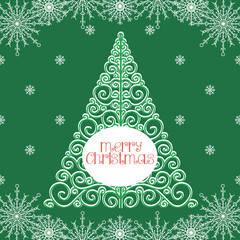 card with the image of Christmas trees and snowflakes painted on a green background in vector