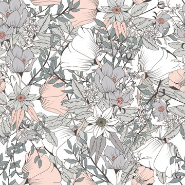 Seamless pattern design with hand drawn flowers and floral elements, vector illustration